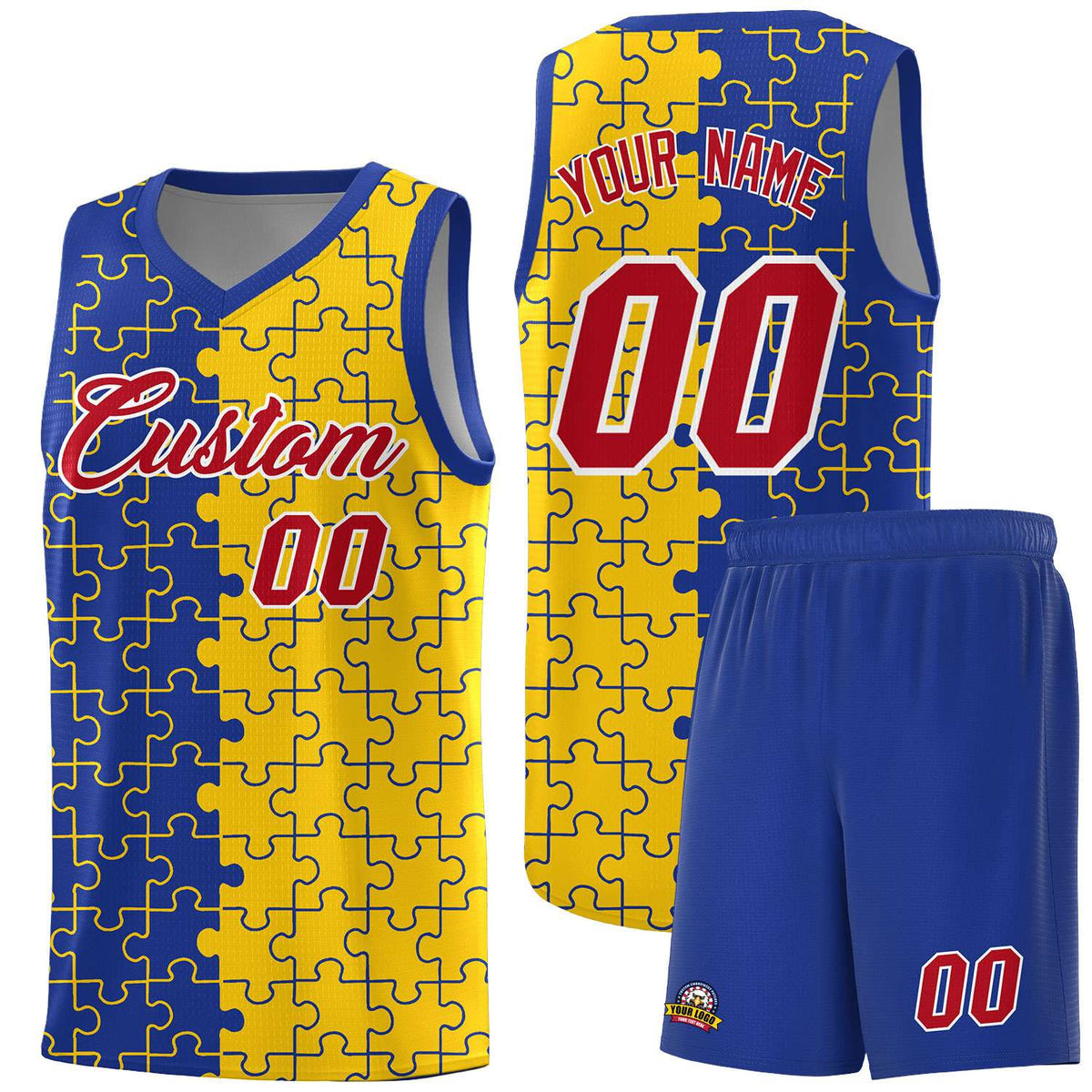 Custom Royal Gold Splid Basketball Kits With Puzzle Pattern