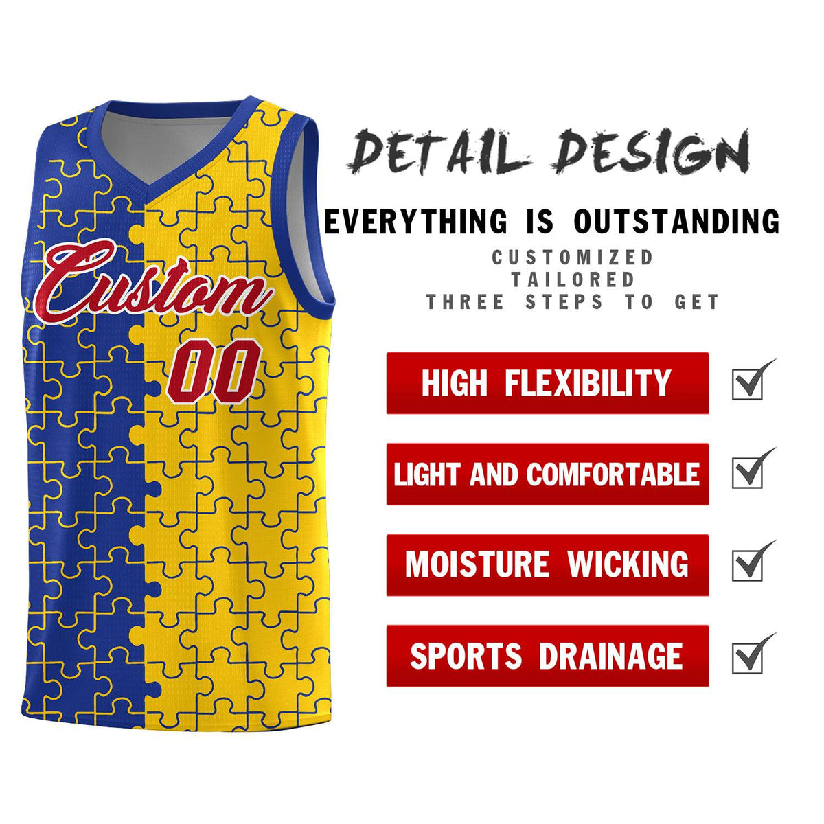 Custom Royal Gold Splid Basketball Kits With Puzzle Pattern