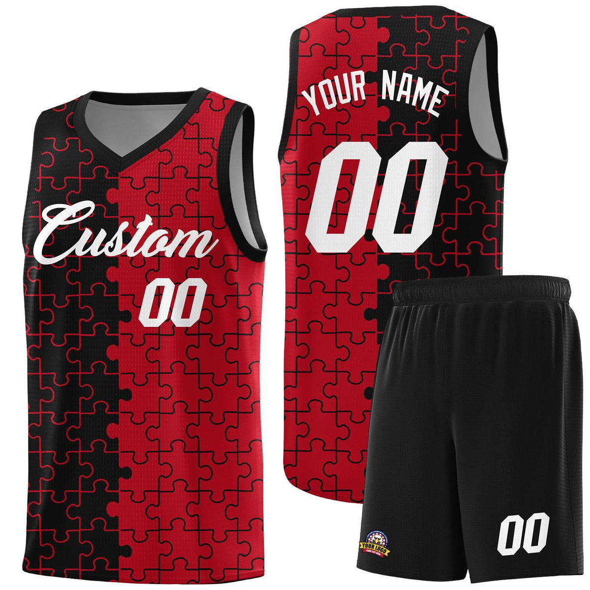 Custom Black Red Splid Basketball Kits With Puzzle Pattern