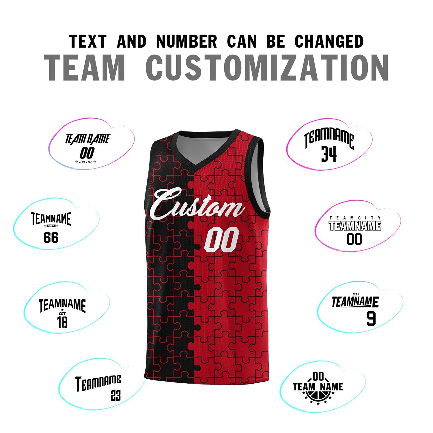 Custom Black Red Splid Basketball Kits With Puzzle Pattern