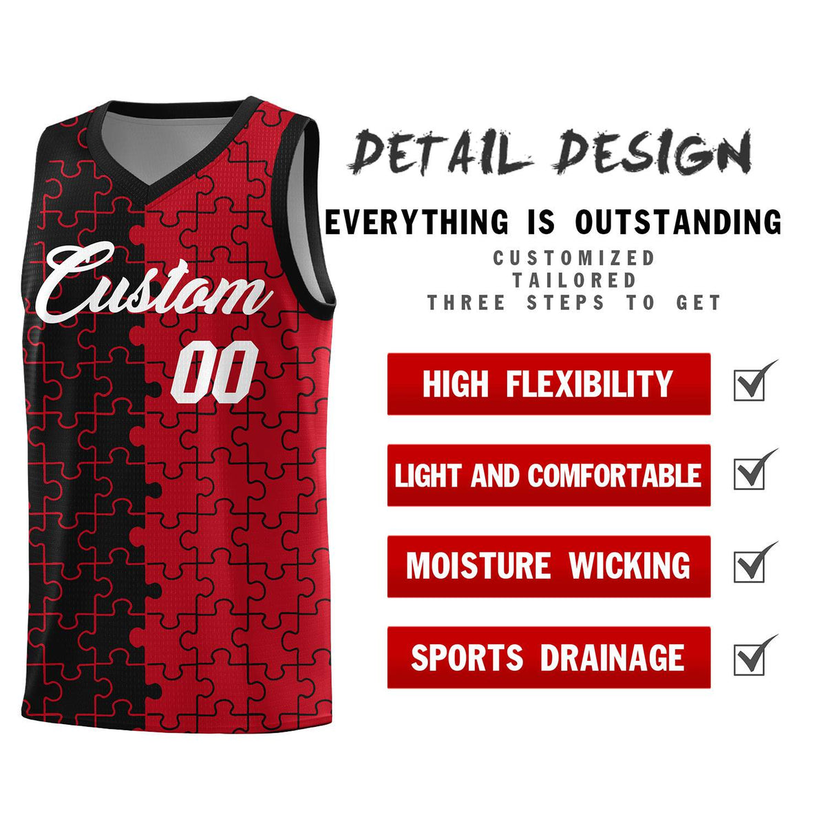 Custom Black Red Splid Basketball Kits With Puzzle Pattern