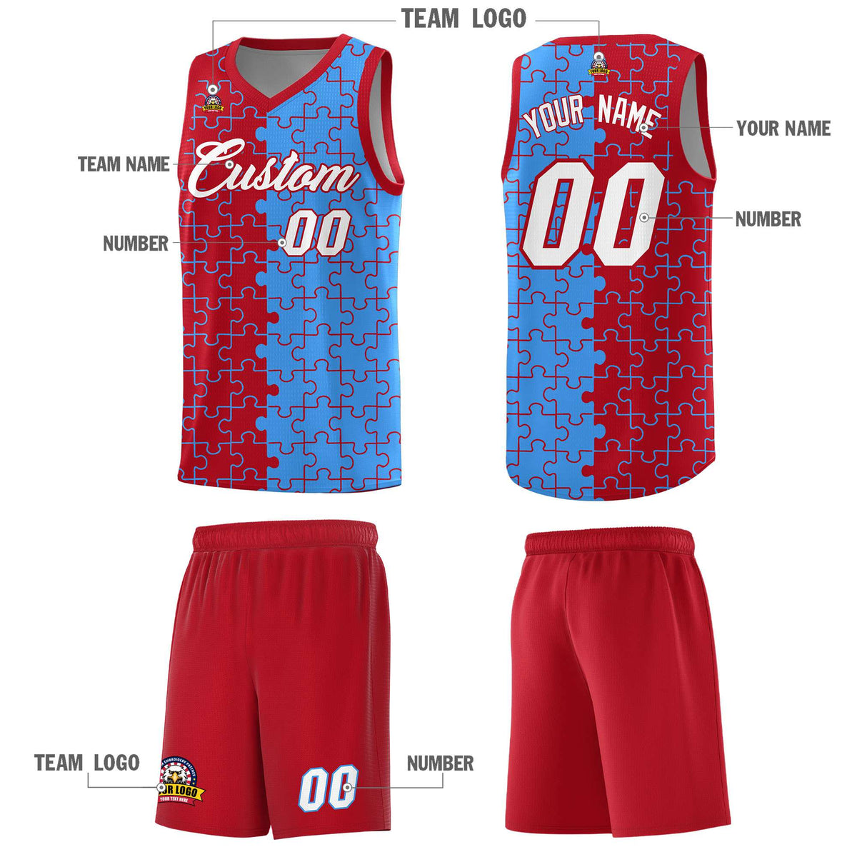 Custom Red Light Blue Splid Basketball Kits With Puzzle Pattern