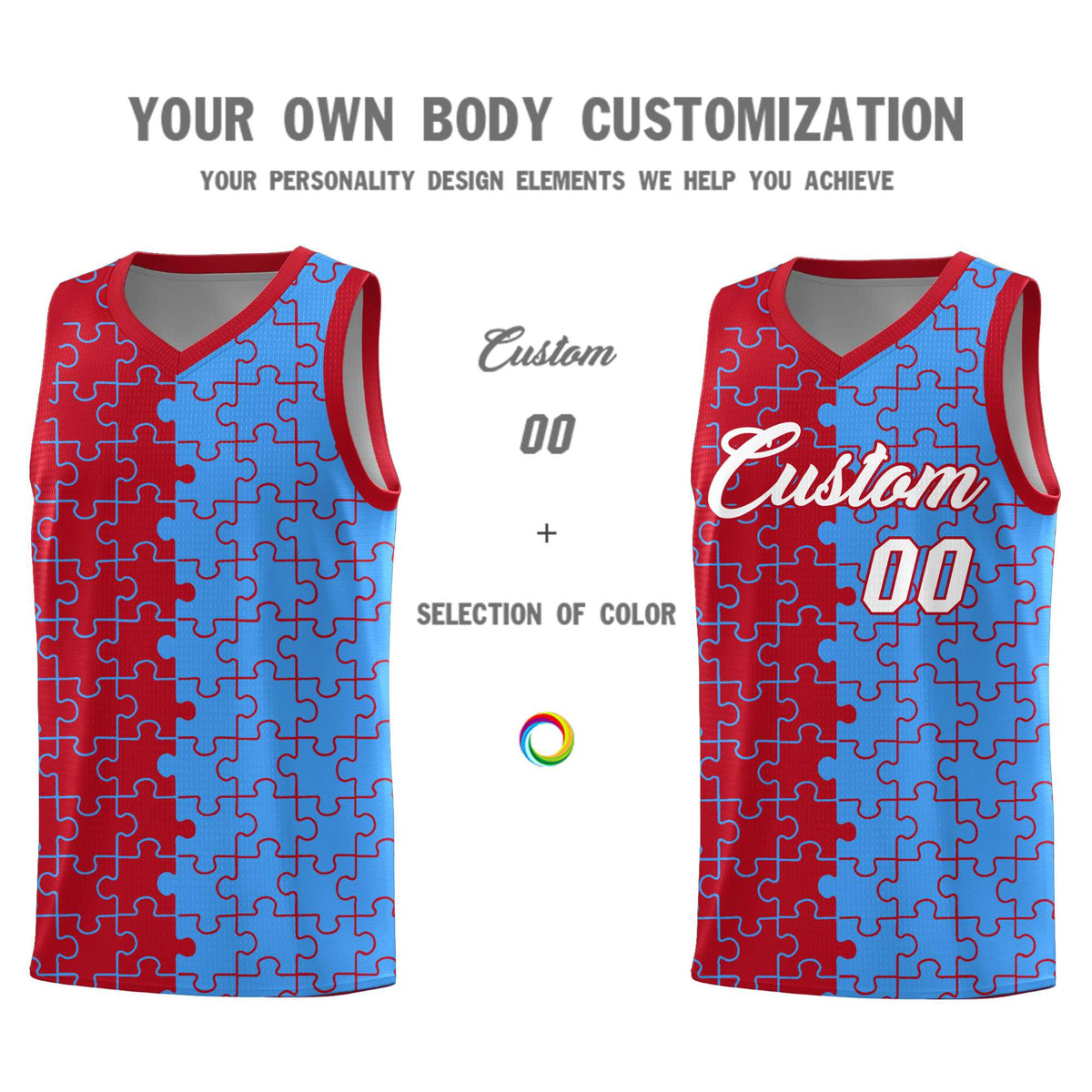 Custom Red Light Blue Splid Basketball Kits With Puzzle Pattern