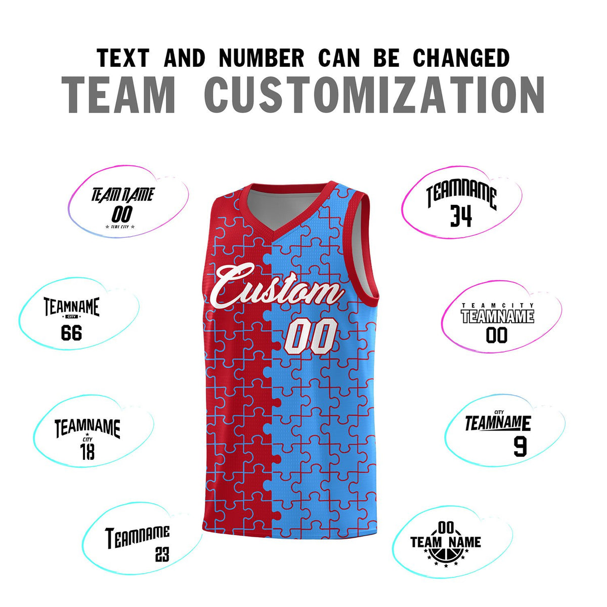 Custom Red Light Blue Splid Basketball Kits With Puzzle Pattern