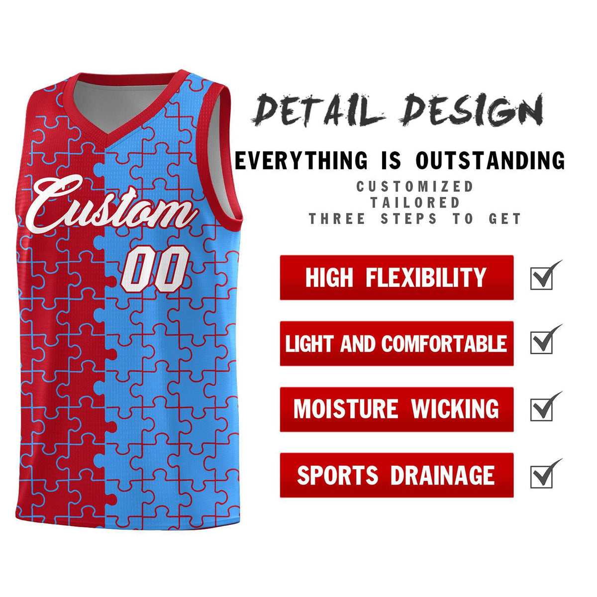 Custom Red Light Blue Splid Basketball Kits With Puzzle Pattern