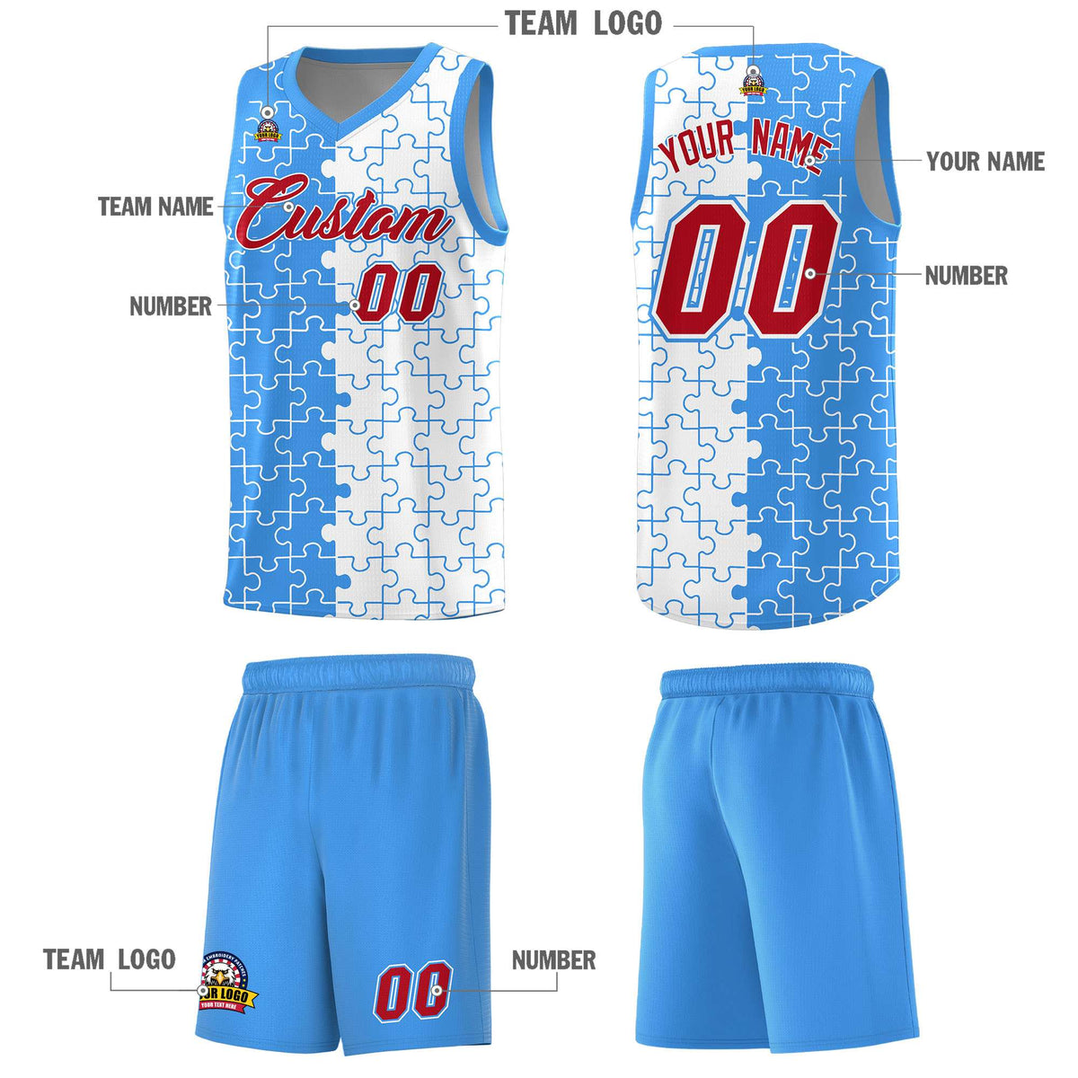 Custom Light Blue White Splid Basketball Kits With Puzzle Pattern