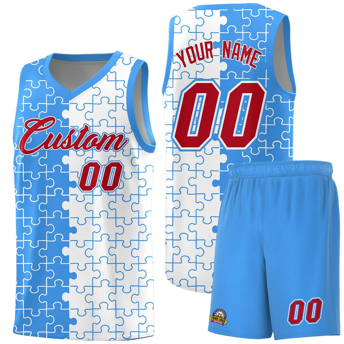 Custom Light Blue White Splid Basketball Kits With Puzzle Pattern