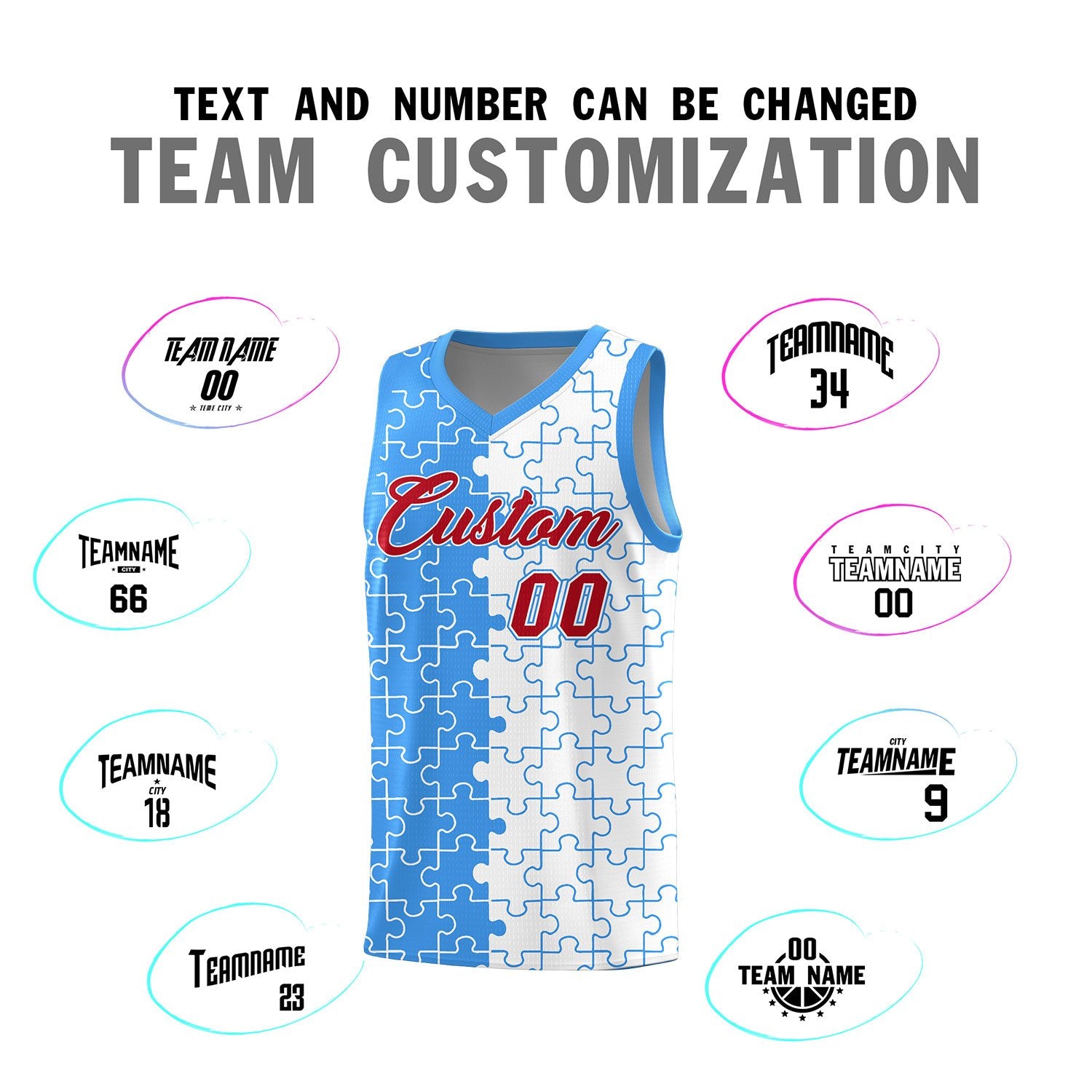 Custom Light Blue White Splid Basketball Kits With Puzzle Pattern
