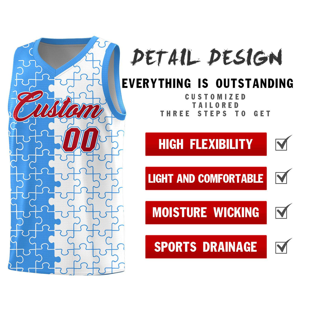 Custom Light Blue White Splid Basketball Kits With Puzzle Pattern
