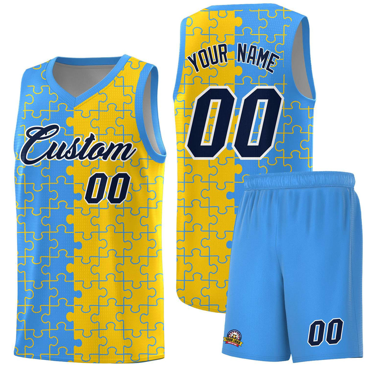Custom Light Blue Gold Splid Basketball Kits With Puzzle Pattern