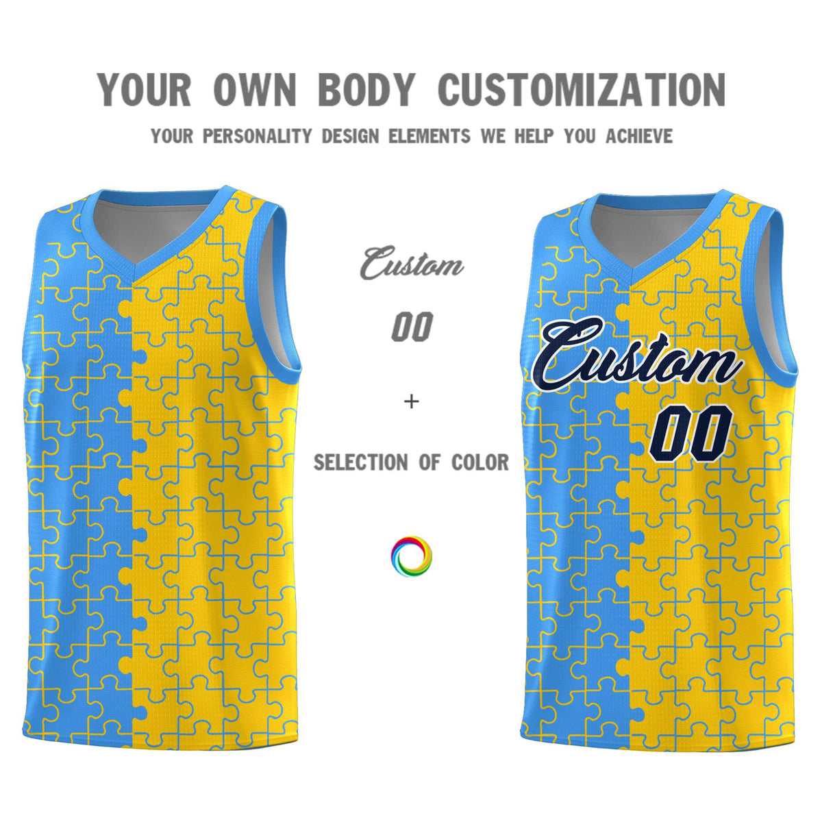Custom Light Blue Gold Splid Basketball Kits With Puzzle Pattern