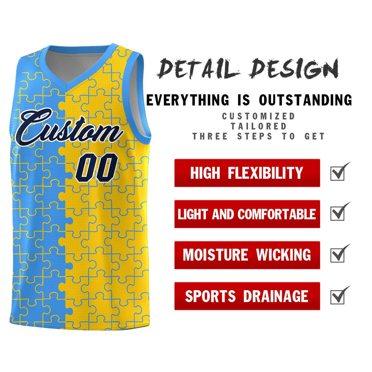 Custom Light Blue Gold Splid Basketball Kits With Puzzle Pattern