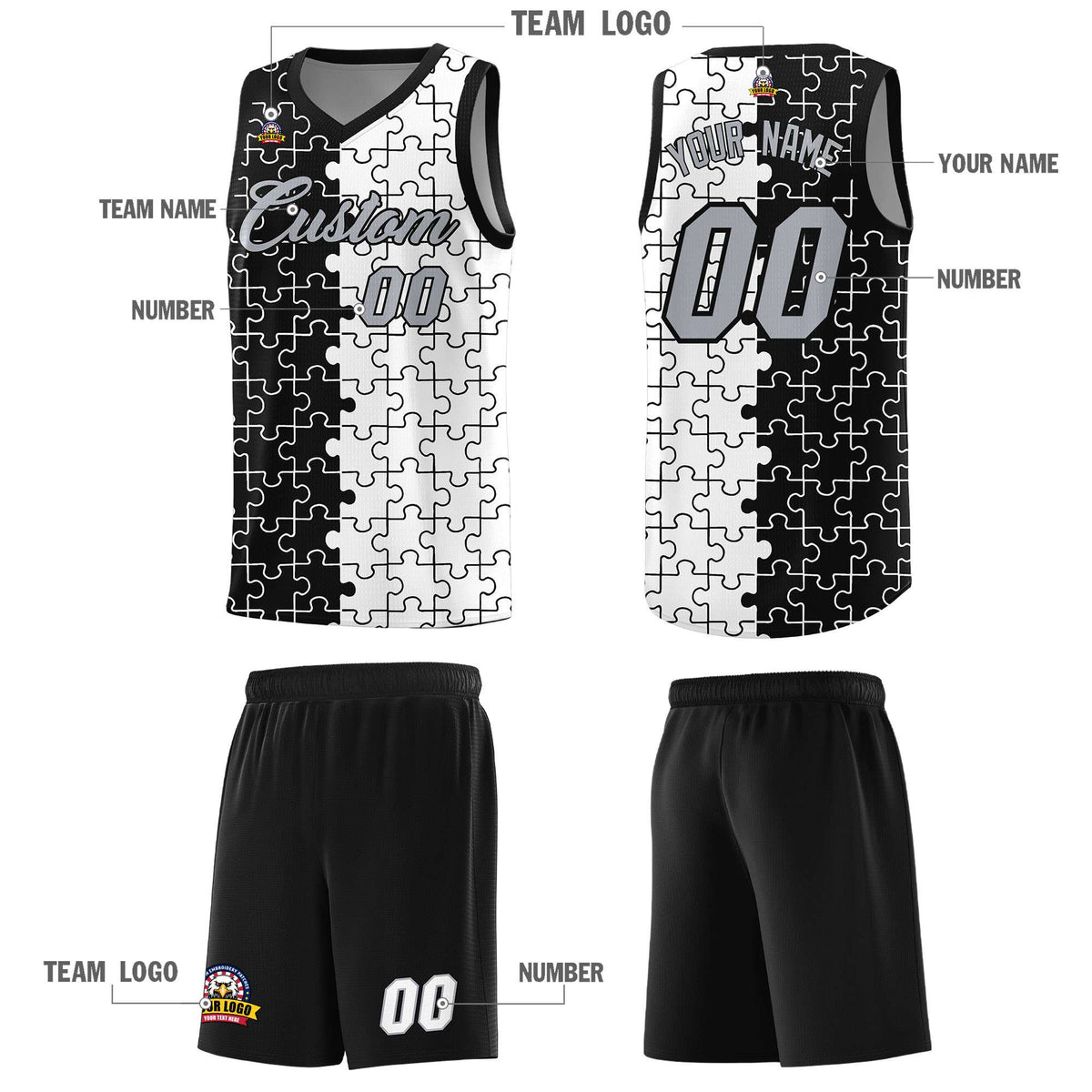 Custom Black White Splid Basketball Kits With Puzzle Pattern