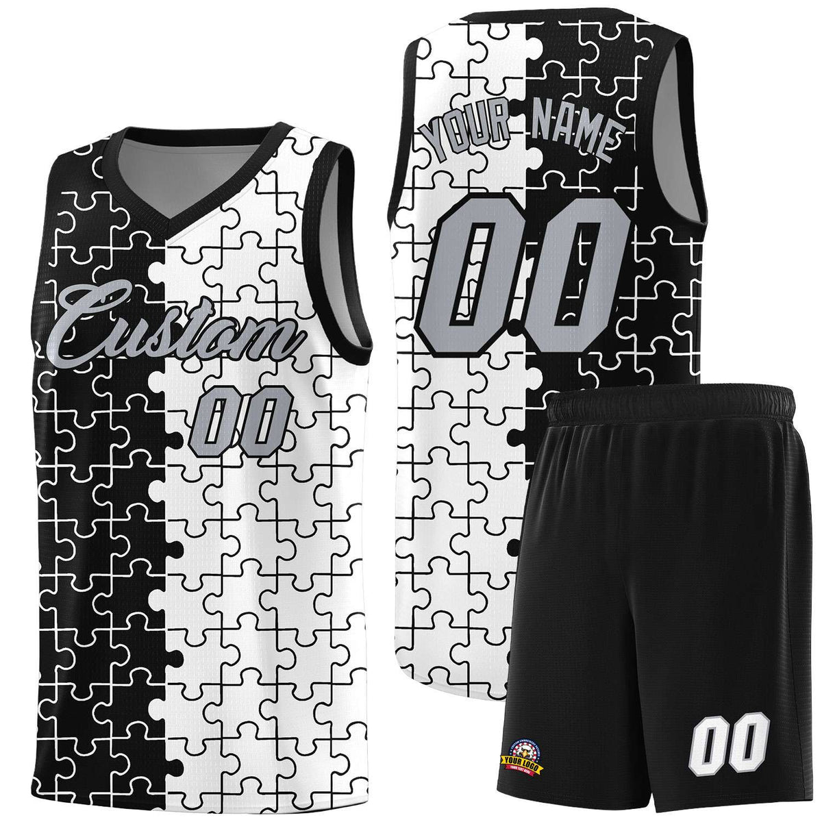 Custom Black White Splid Basketball Kits With Puzzle Pattern