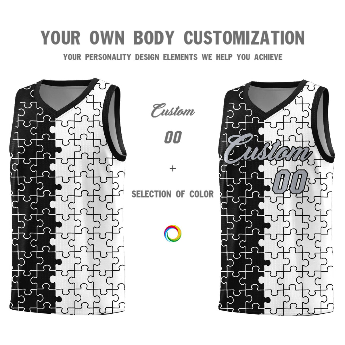 Custom Black White Splid Basketball Kits With Puzzle Pattern