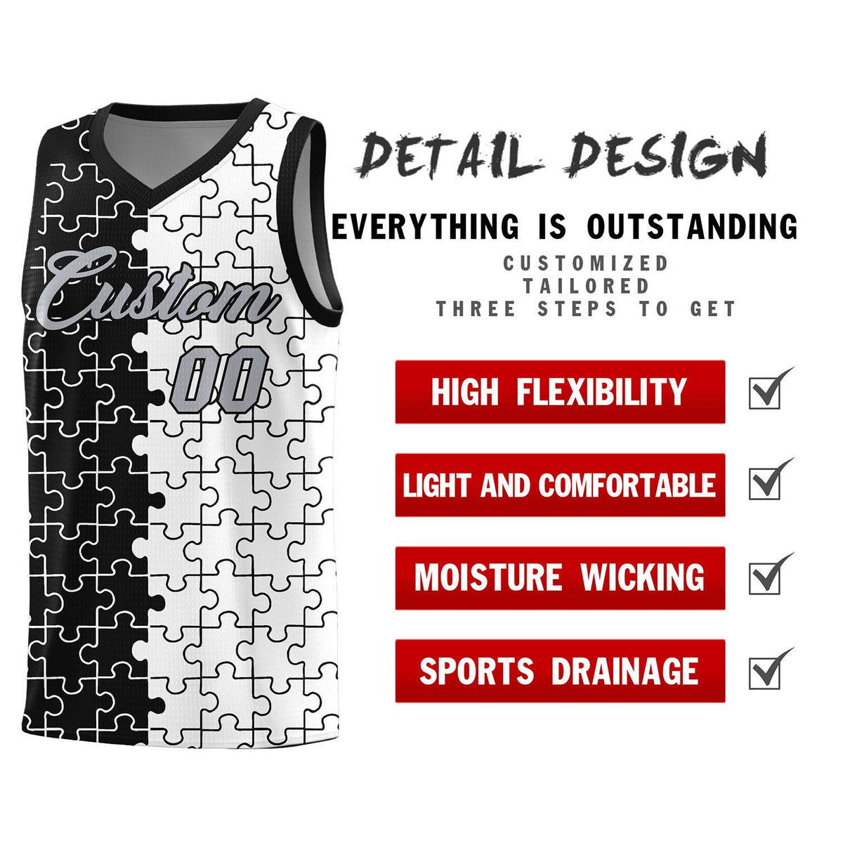 Custom Black White Splid Basketball Kits With Puzzle Pattern