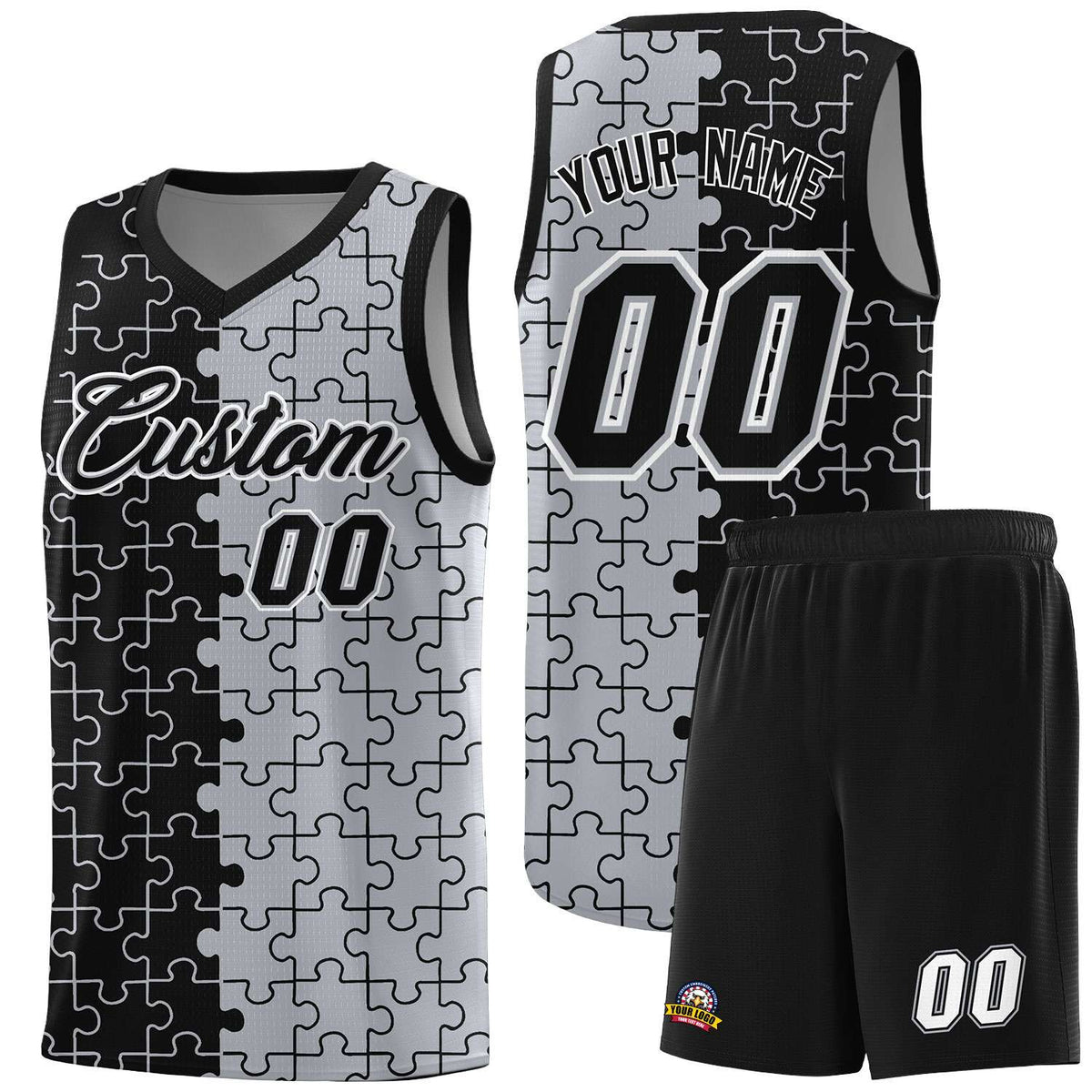 Custom Black Gray Splid Basketball Kits With Puzzle Pattern