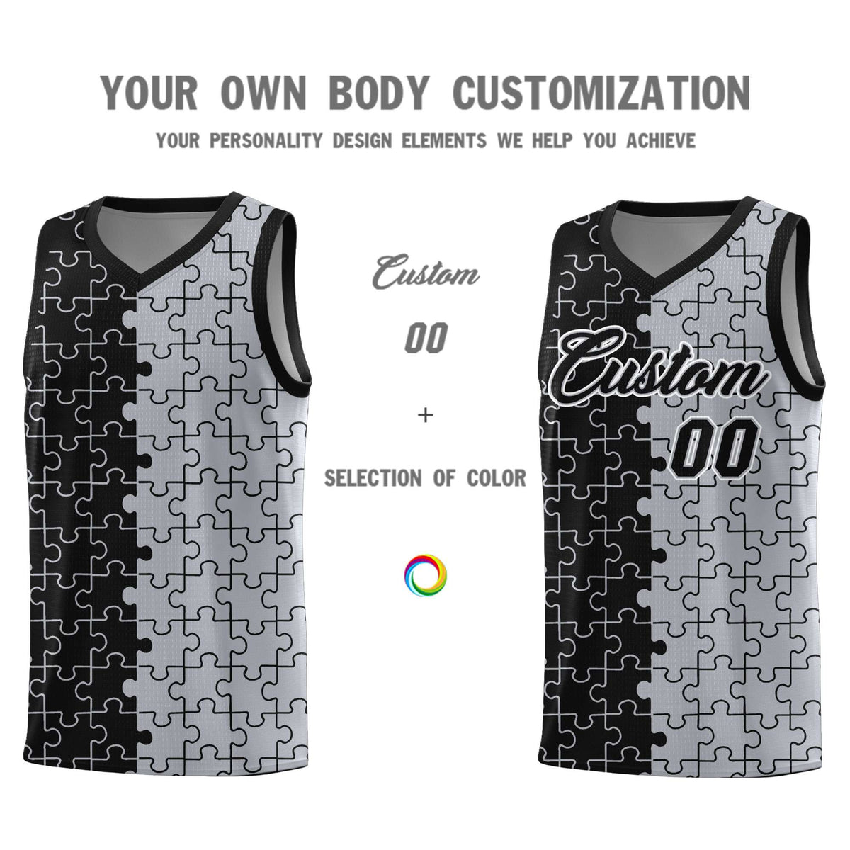 Custom Black Gray Splid Basketball Kits With Puzzle Pattern