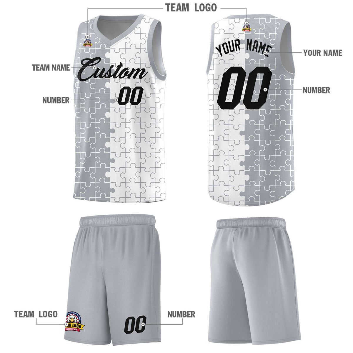 Custom Gray White Splid Basketball Kits With Puzzle Pattern