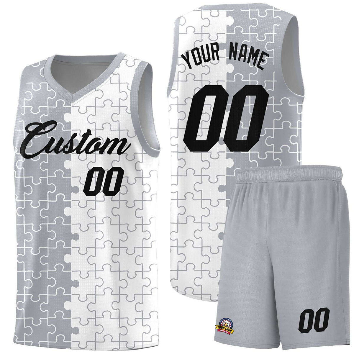 Custom Gray White Splid Basketball Kits With Puzzle Pattern