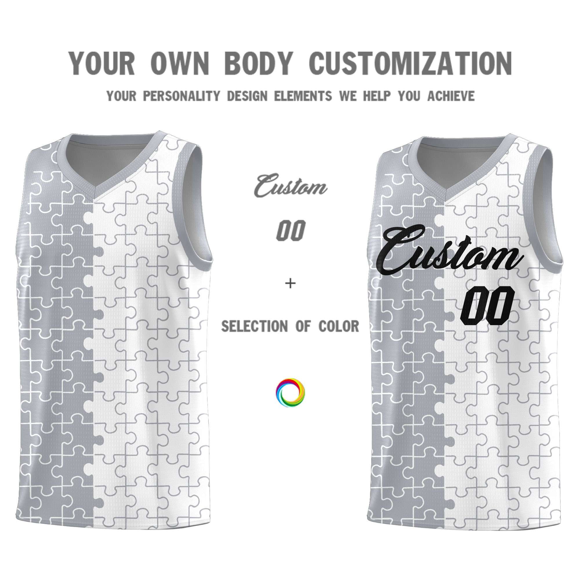 Custom Gray White Splid Basketball Kits With Puzzle Pattern