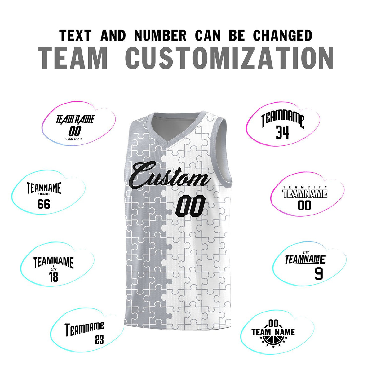 Custom Gray White Splid Basketball Kits With Puzzle Pattern