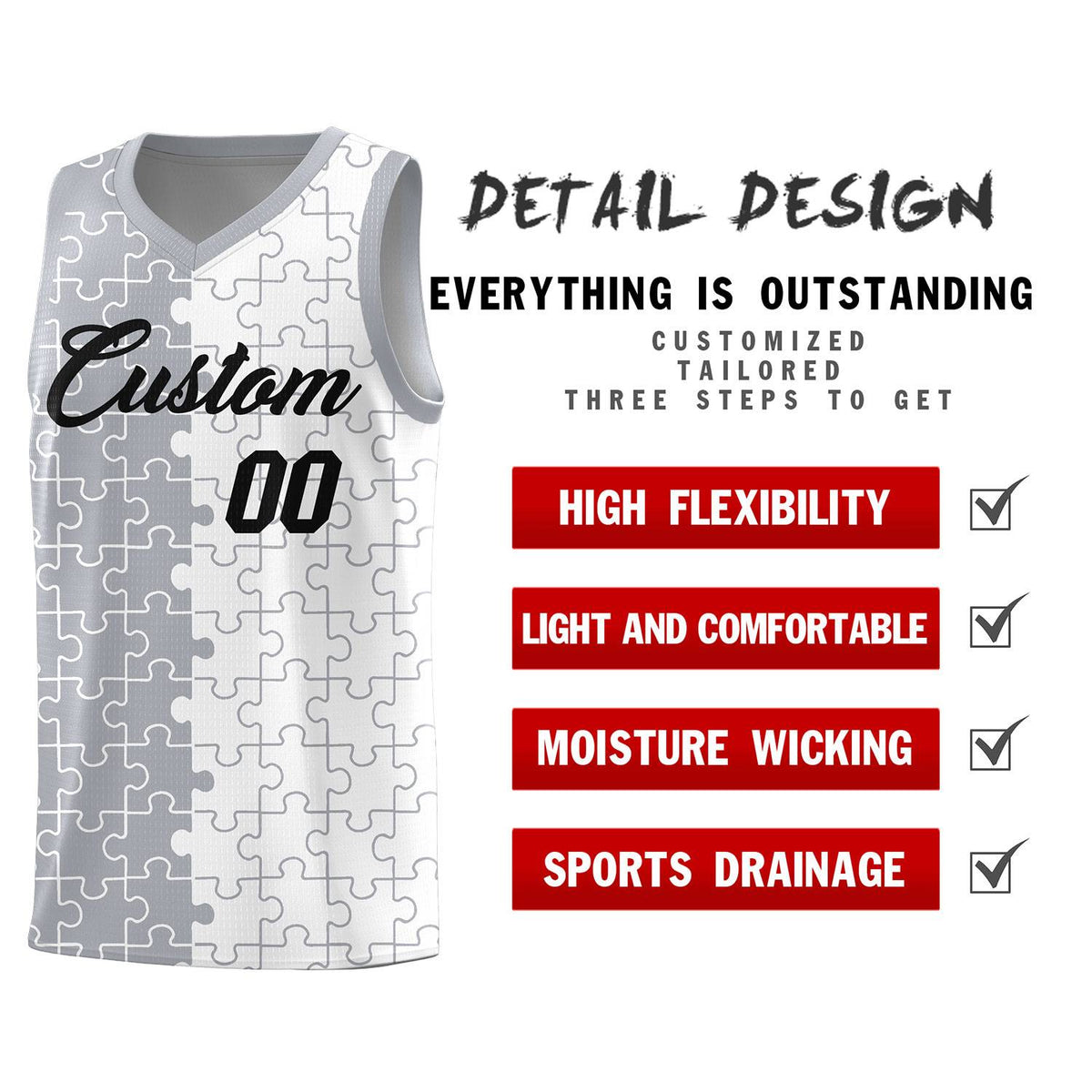 Custom Gray White Splid Basketball Kits With Puzzle Pattern