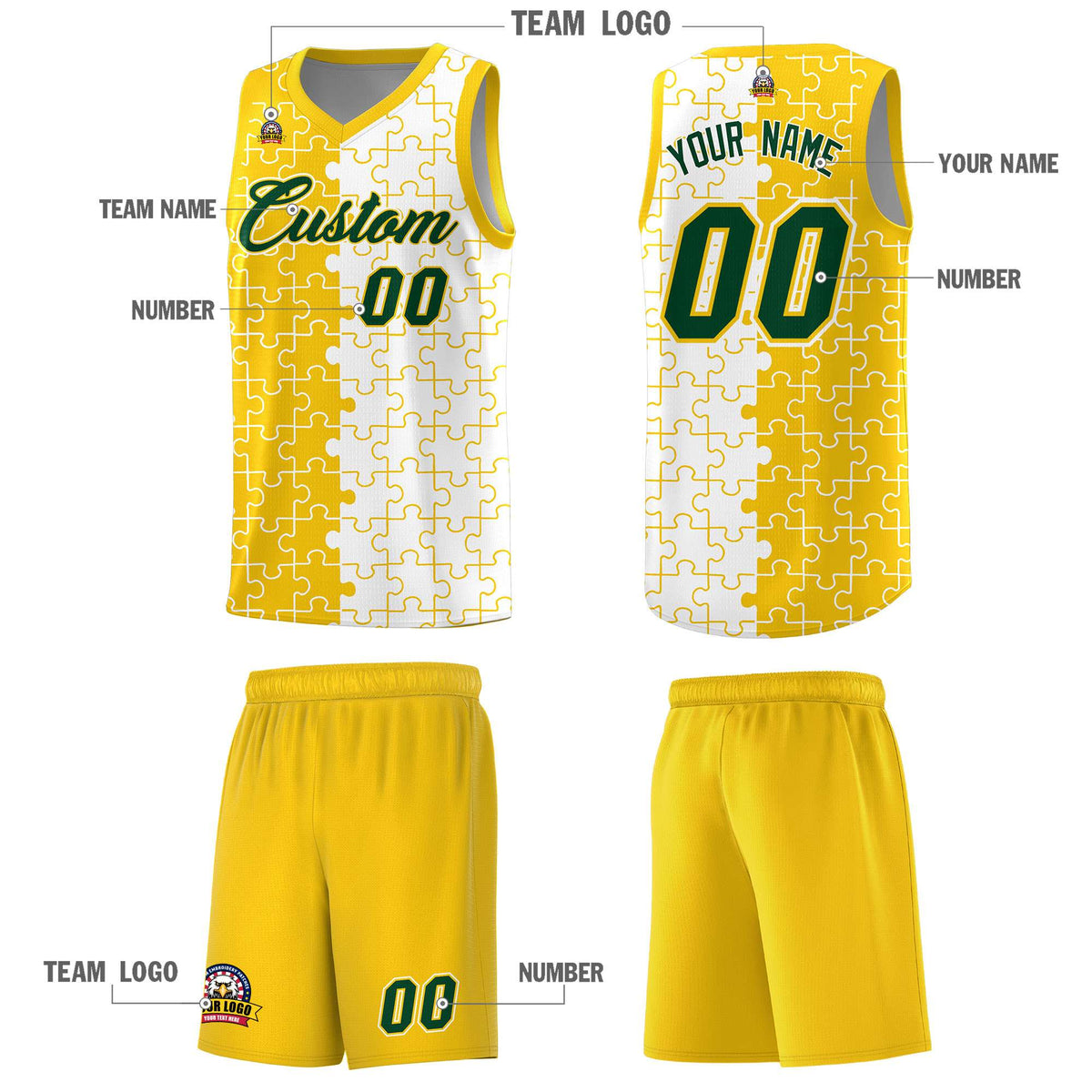 Custom Gold White Splid Basketball Kits With Puzzle Pattern