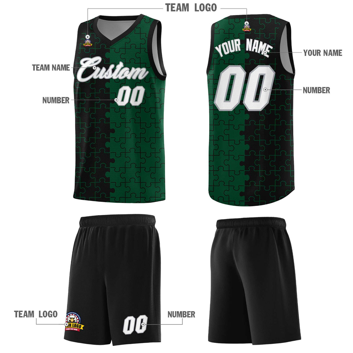 Custom Black Green Splid Basketball Kits With Puzzle Pattern