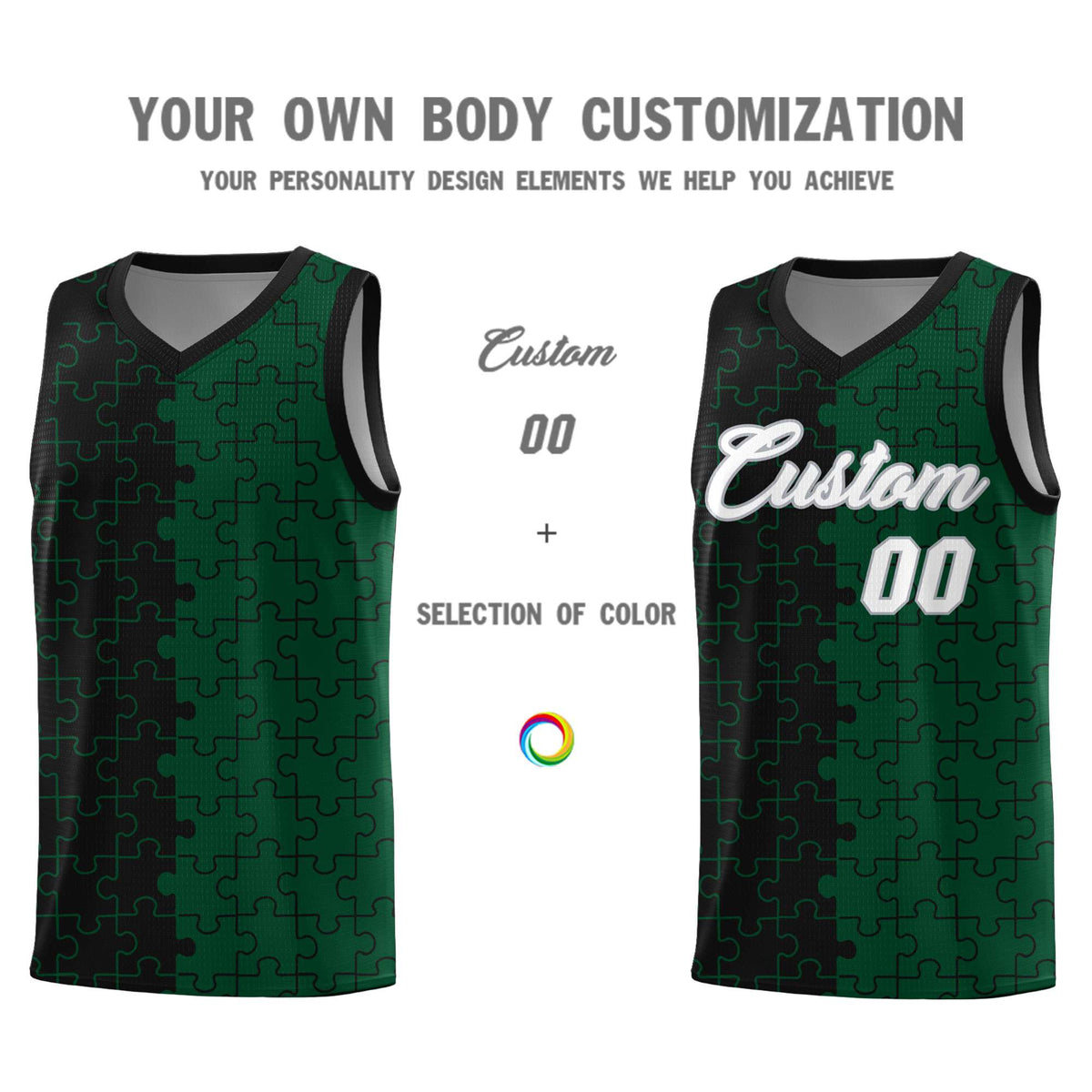Custom Black Green Splid Basketball Kits With Puzzle Pattern