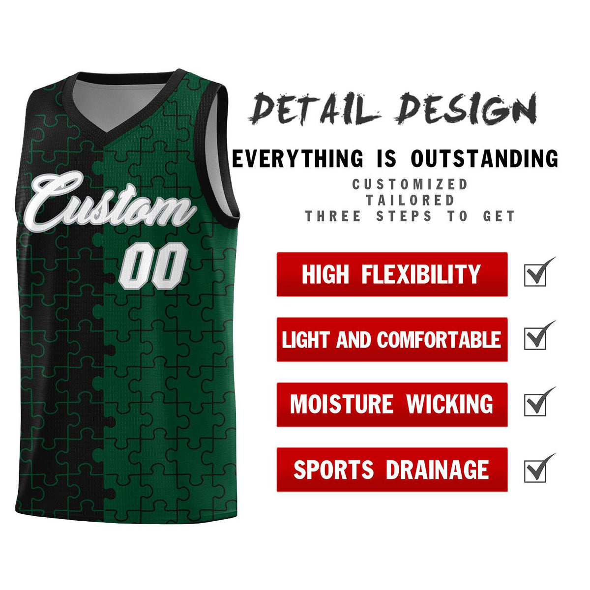 Custom Black Green Splid Basketball Kits With Puzzle Pattern