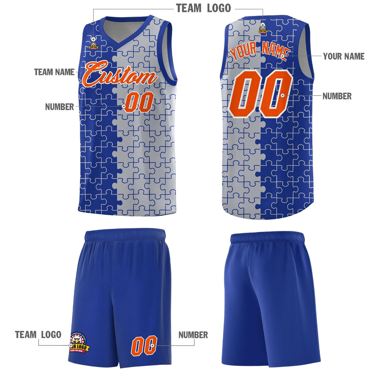 Custom Royal Gray Splid Basketball Kits With Puzzle Pattern