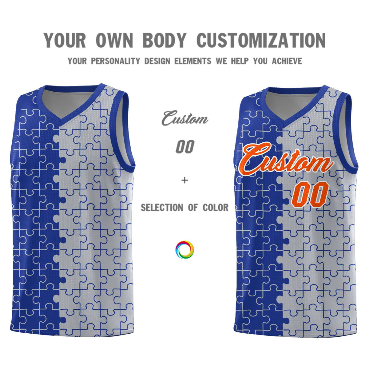 Custom Royal Gray Splid Basketball Kits With Puzzle Pattern