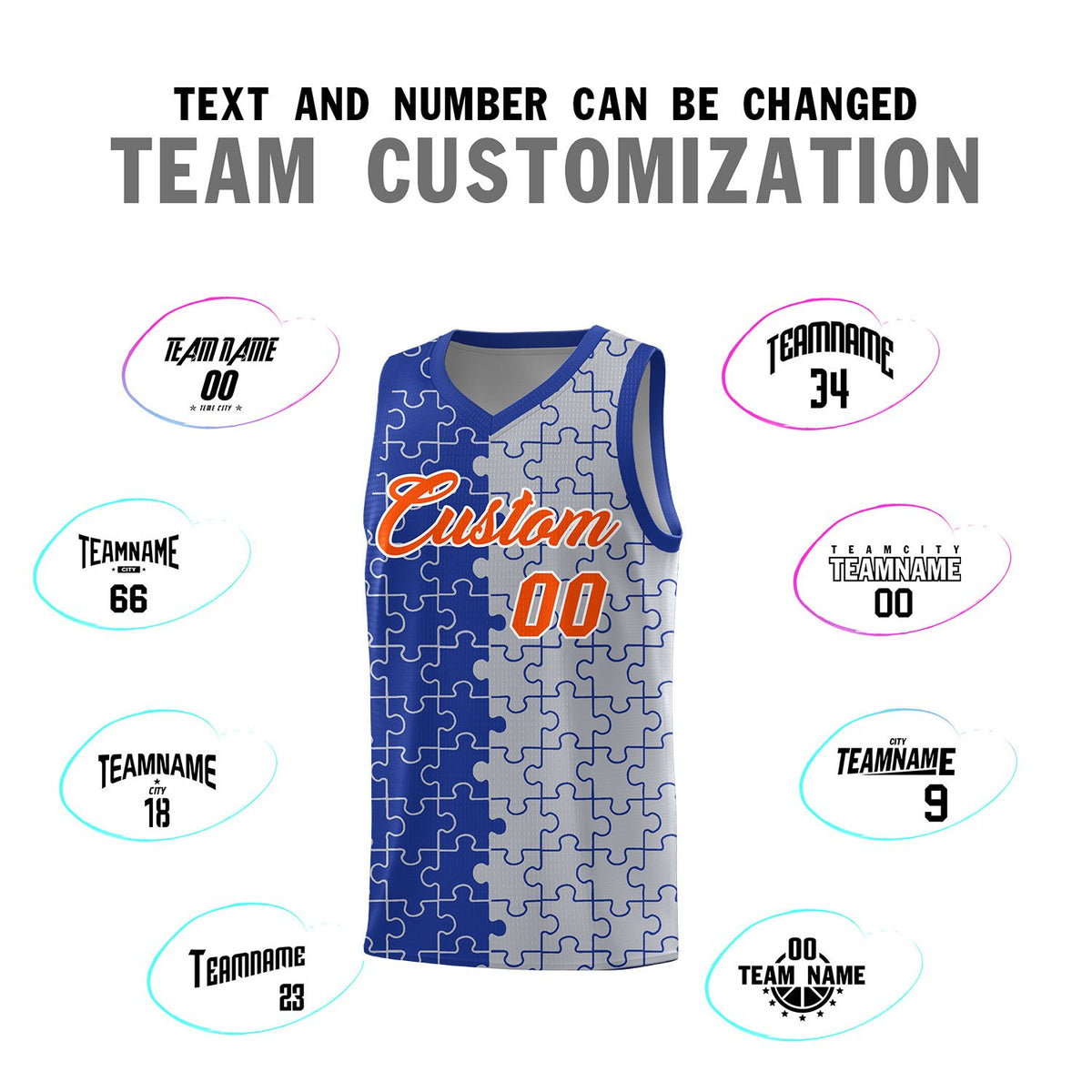 Custom Royal Gray Splid Basketball Kits With Puzzle Pattern