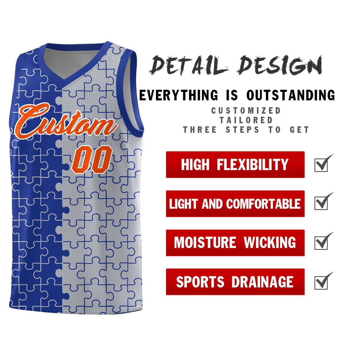 Custom Royal Gray Splid Basketball Kits With Puzzle Pattern