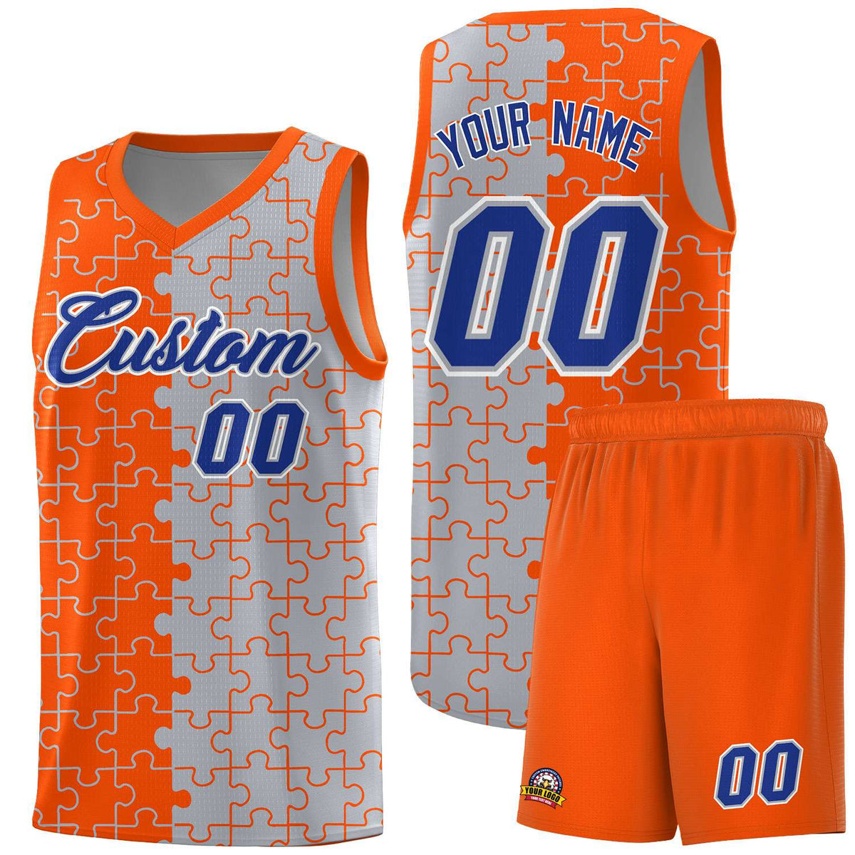 Custom Orange Gray Splid Basketball Kits With Puzzle Pattern