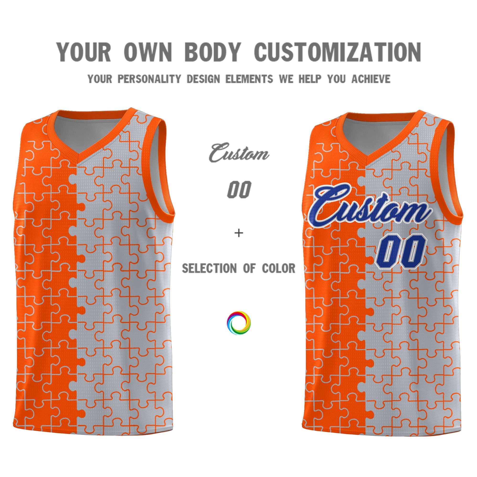 Custom Orange Gray Splid Basketball Kits With Puzzle Pattern