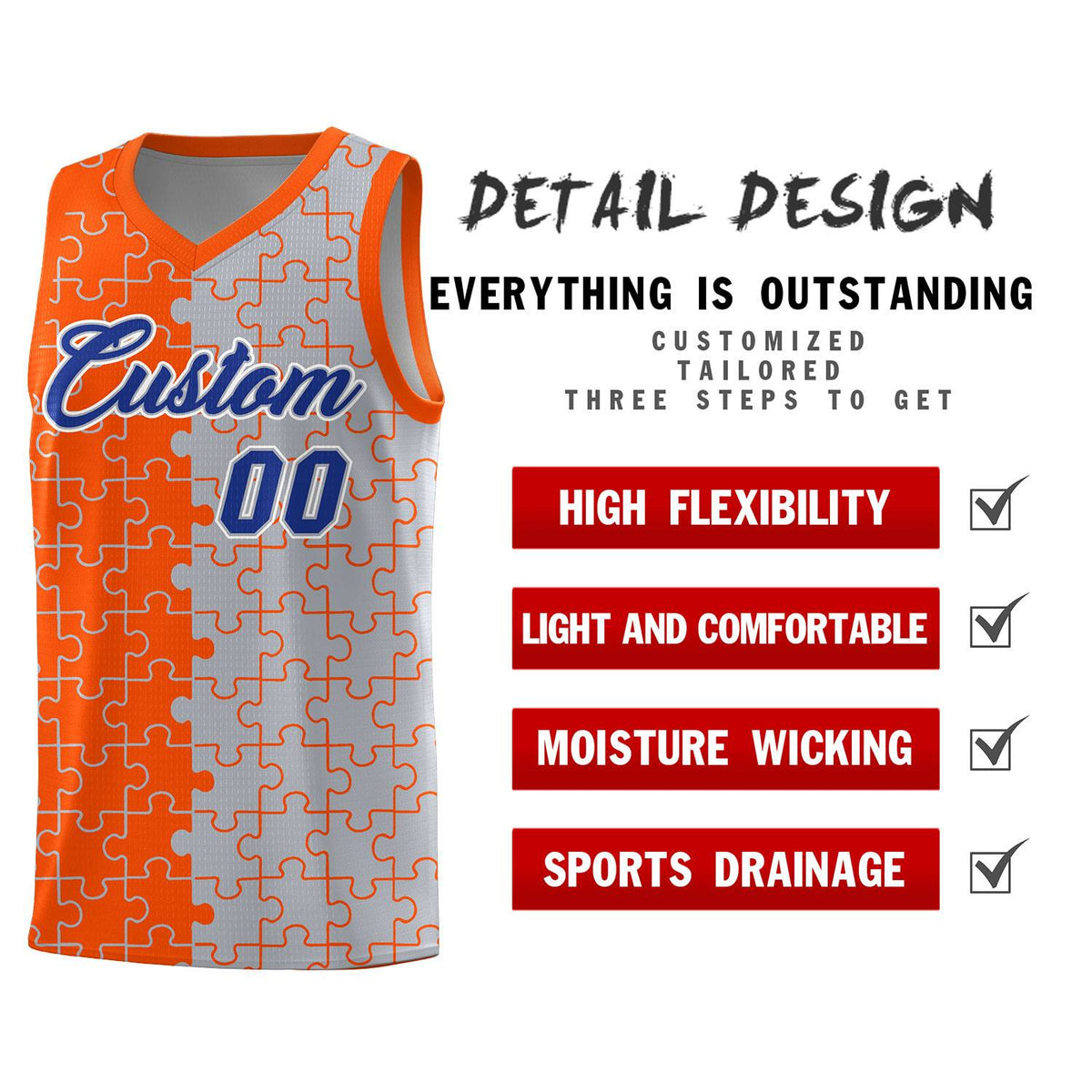 Custom Orange Gray Splid Basketball Kits With Puzzle Pattern