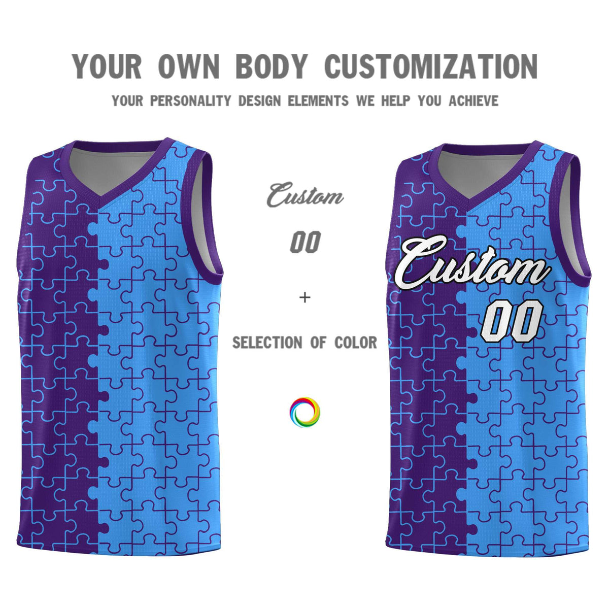 Custom Purple Light Blue Splid Basketball Kits With Puzzle Pattern