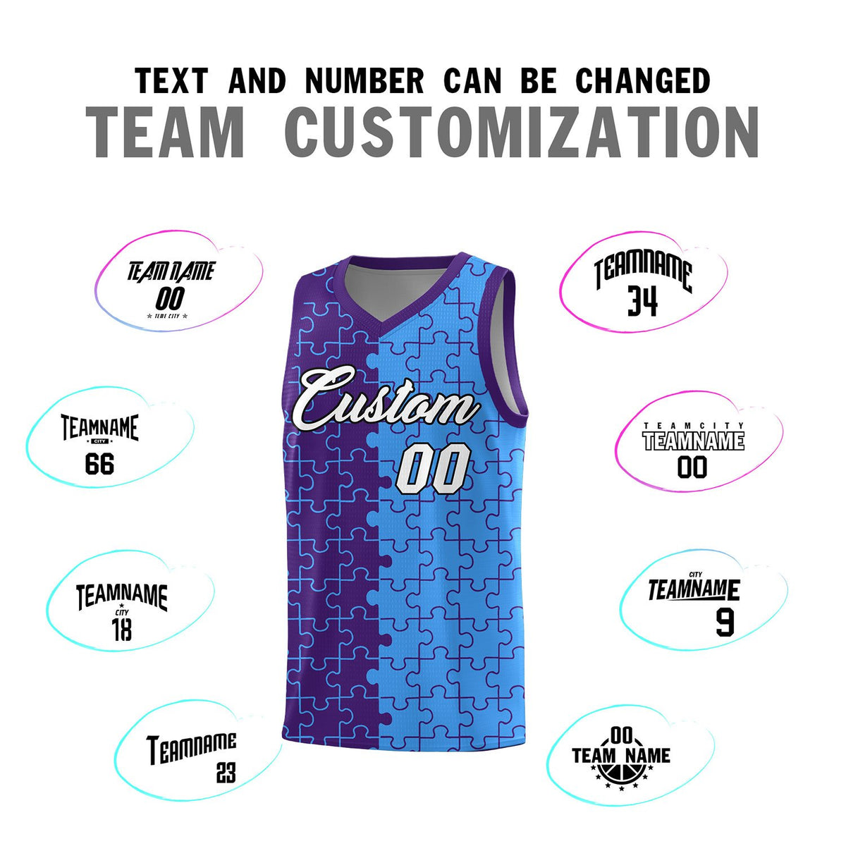 Custom Purple Light Blue Splid Basketball Kits With Puzzle Pattern