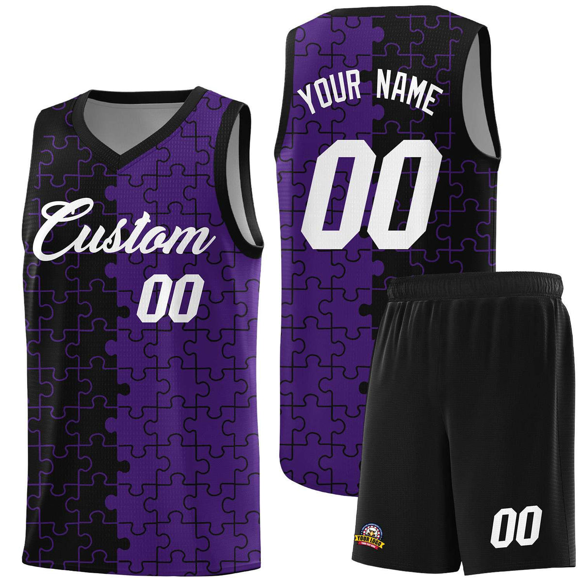 Custom Black Purple Splid Basketball Kits With Puzzle Pattern