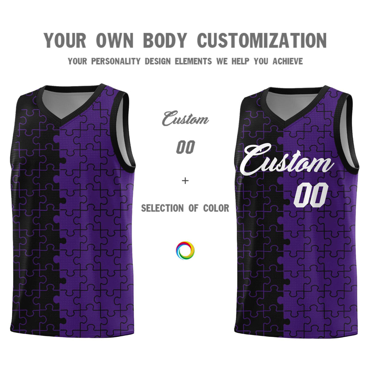 Custom Black Purple Splid Basketball Kits With Puzzle Pattern