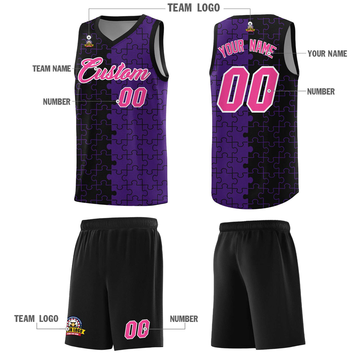 Custom Black Purple Splid Basketball Kits With Puzzle Pattern