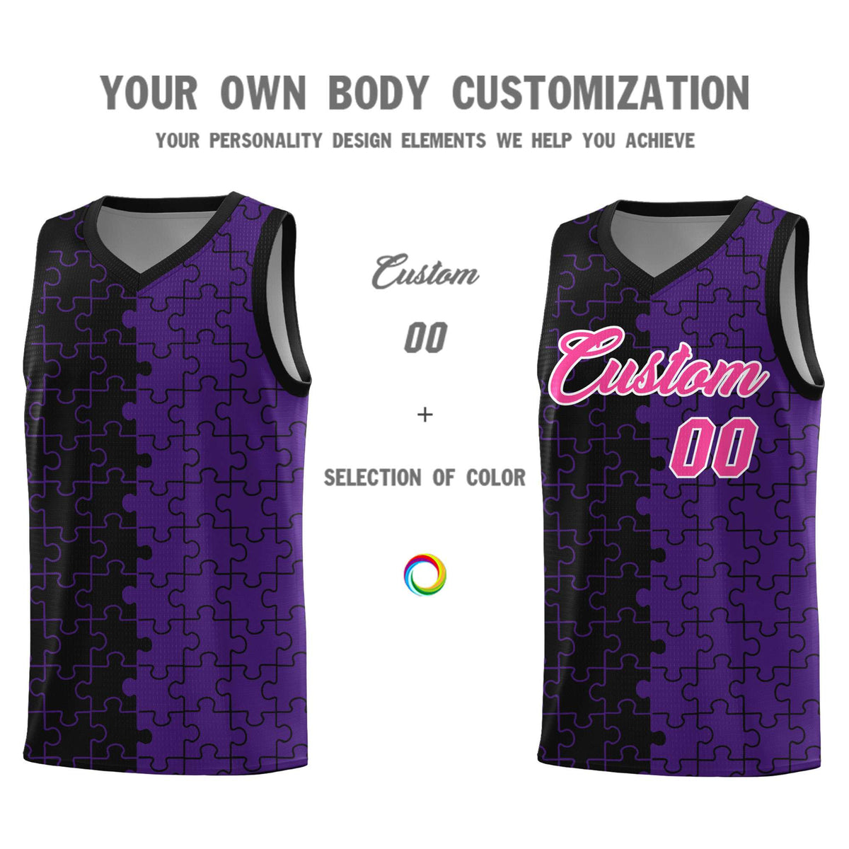 Custom Black Purple Splid Basketball Kits With Puzzle Pattern