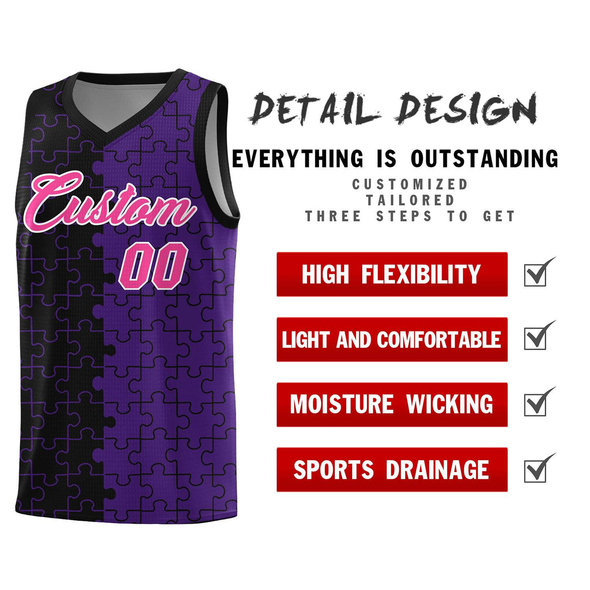 Custom Black Purple Splid Basketball Kits With Puzzle Pattern