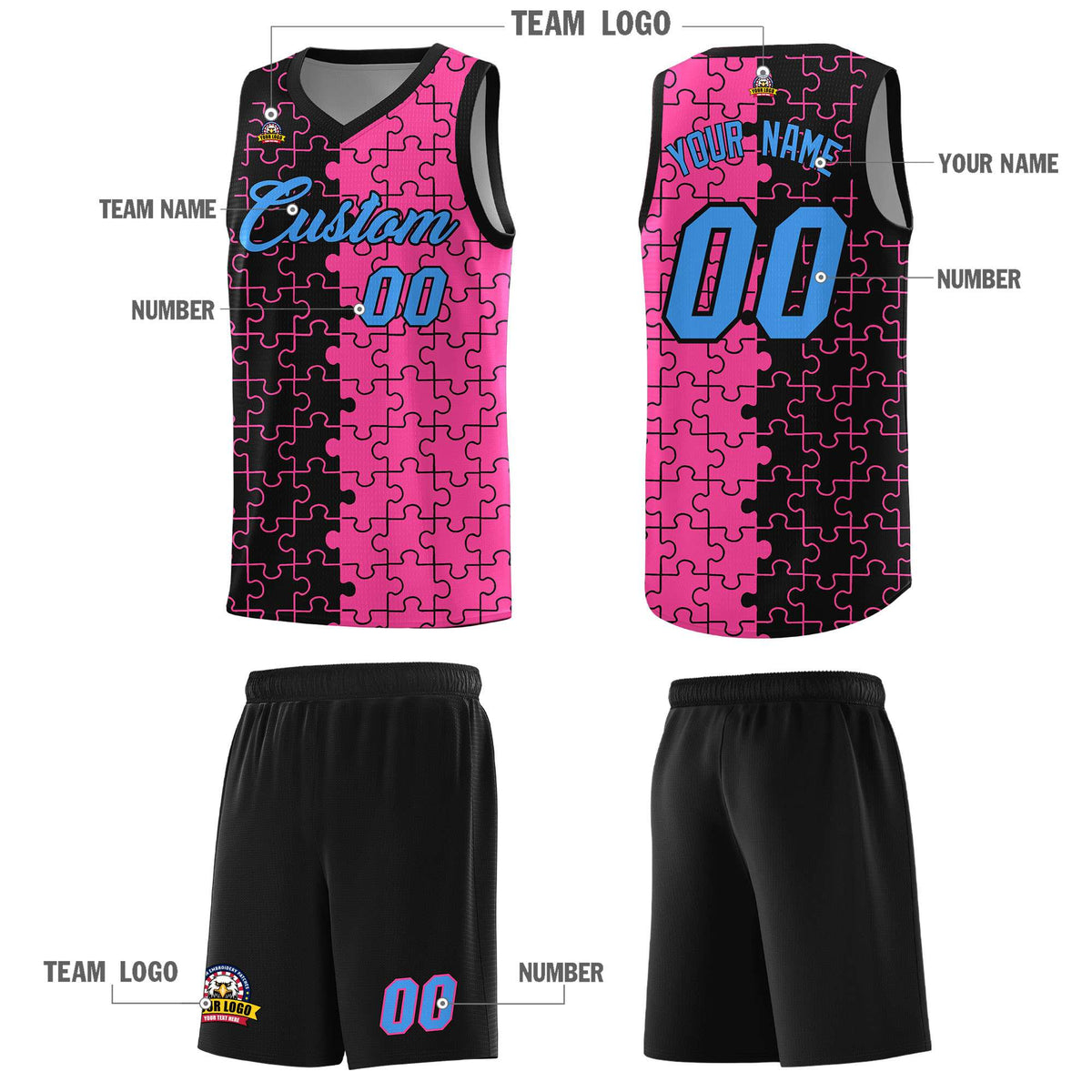 Custom Black Pink Splid Basketball Kits With Puzzle Pattern
