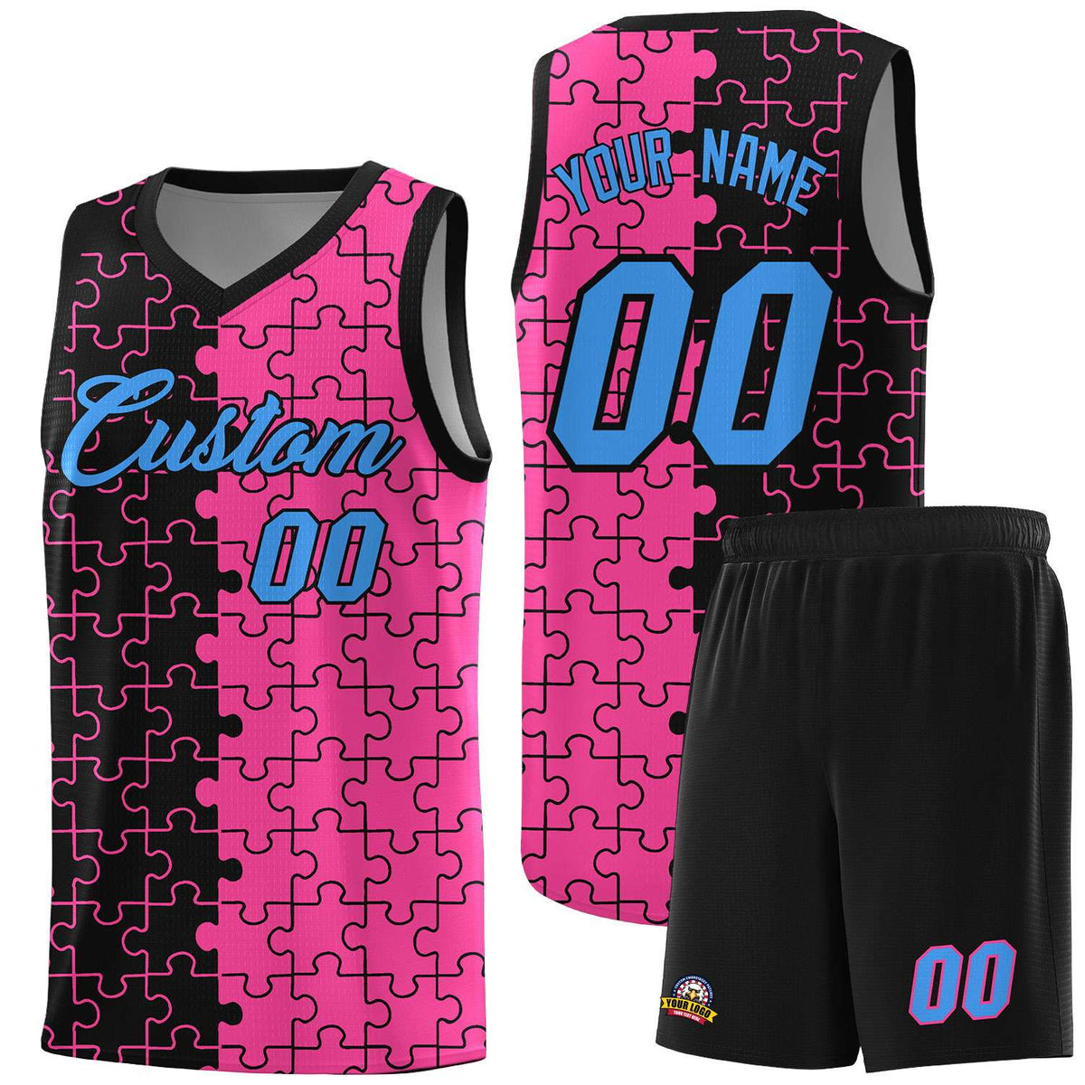 Custom Black Pink Splid Basketball Kits With Puzzle Pattern
