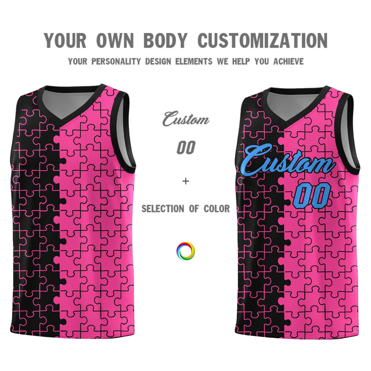 Custom Black Pink Splid Basketball Kits With Puzzle Pattern