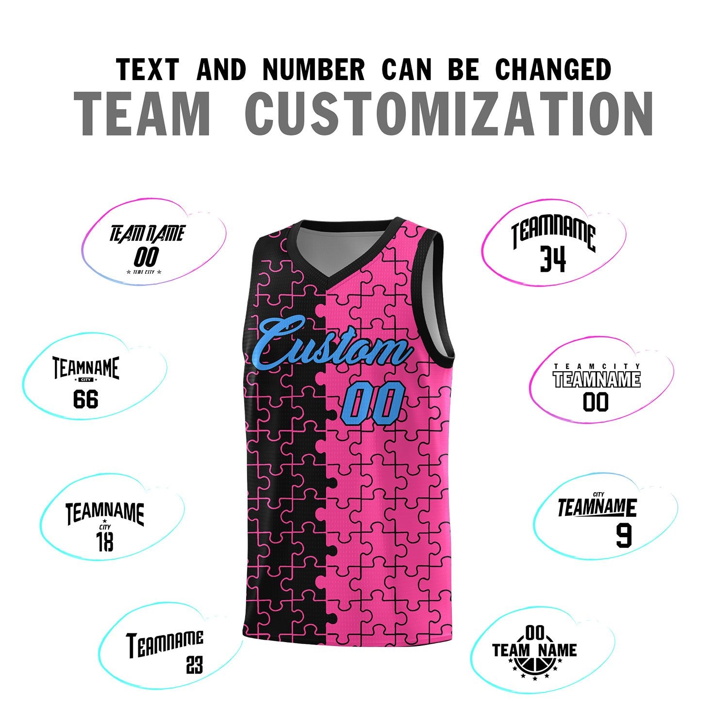 Custom Black Pink Splid Basketball Kits With Puzzle Pattern