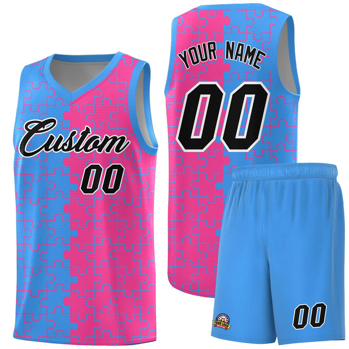 Custom Light Blue Pink Splid Basketball Kits With Puzzle Pattern